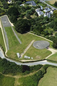 France, Morbihan, Gulf of Morbihan (Golfe du Morbihan),  Locmariaquer, Er Grah menhir and tumulus, and Table des Marchands cairn (aerial view)