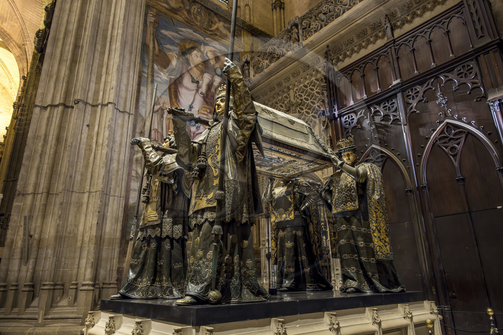 Espagne, Andalousie, Séville, la cathédrale, classé Patrimoine Mondial de l'UNESCO, mausolé de Christophe Colomb (mausoleo de Colon)