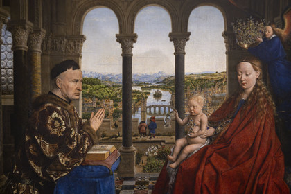 France, Cote d'Or, Beaune, area listed as World Heritage by UNESCO, Hospices de Beaune, Hotel Dieu, painting The Virgin of Chancellor Rolin (depicted on the left) by Jan Van Eyck around 1430