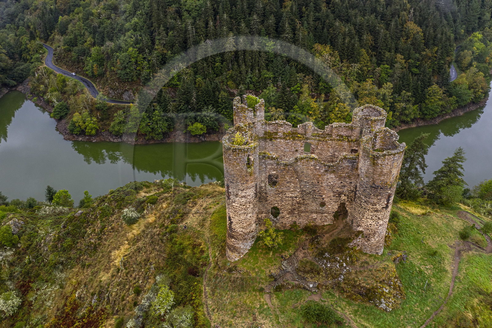 France, Cantal (15), Gorges de la Truyère, Alleuze, ruines féodales perchées du château fort d'Alleuze du XIIIe siècle reconstruit en 1405 (vue aérienne)