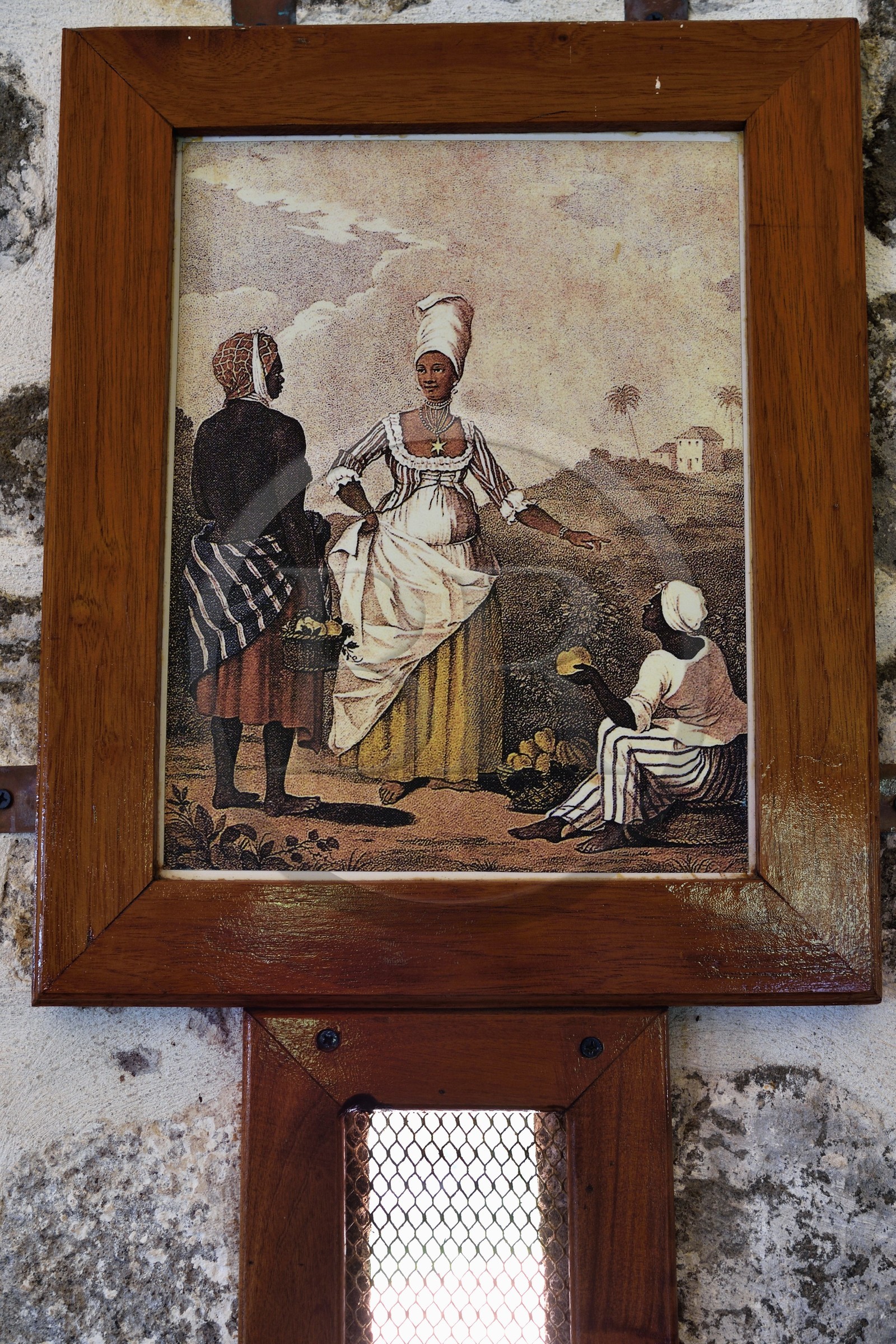 Caraïbes, Ile de la Dominique, Portsmouth, Parc national des Cabrits, Fort Shirley, fort britannique du XVIIIe siècle, reproduction de gravure de 1800 représentant la période coloniale et esclavagiste