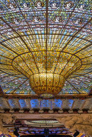 Spain, Catalonia, Barcelona, Palau de la Musica Catalana (Catalan Music Palace), concert hall designed by the architect of Catalan modernism Lluis Domènech i Montaner, a UNESCO World Heritage Site, large glass roof, stained glass dome work of Antoni Rigalt i Blanch