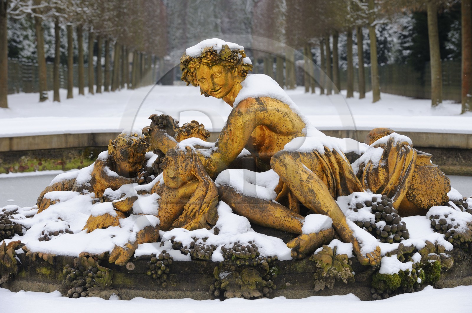 France, Yvelines (78), parc du château de Versailles sous la neige, classé Patrimoine Mondial de l'UNESCO, bassin de Bacchus ou de l'Automne oeuvre de Marsy