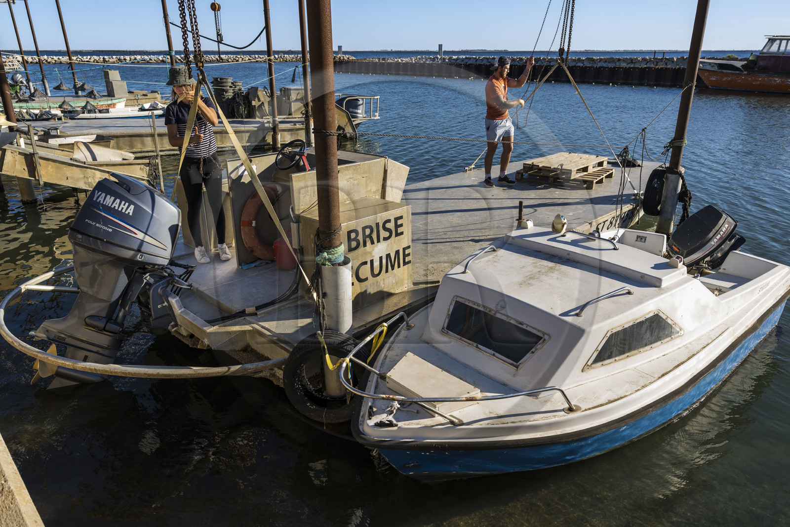 France, Hérault (34), Etang de Thau, Mèze, port du Mourre Blanc, les producteurs de coquillages Quentin et Emmeline à leur mas ostreicole
