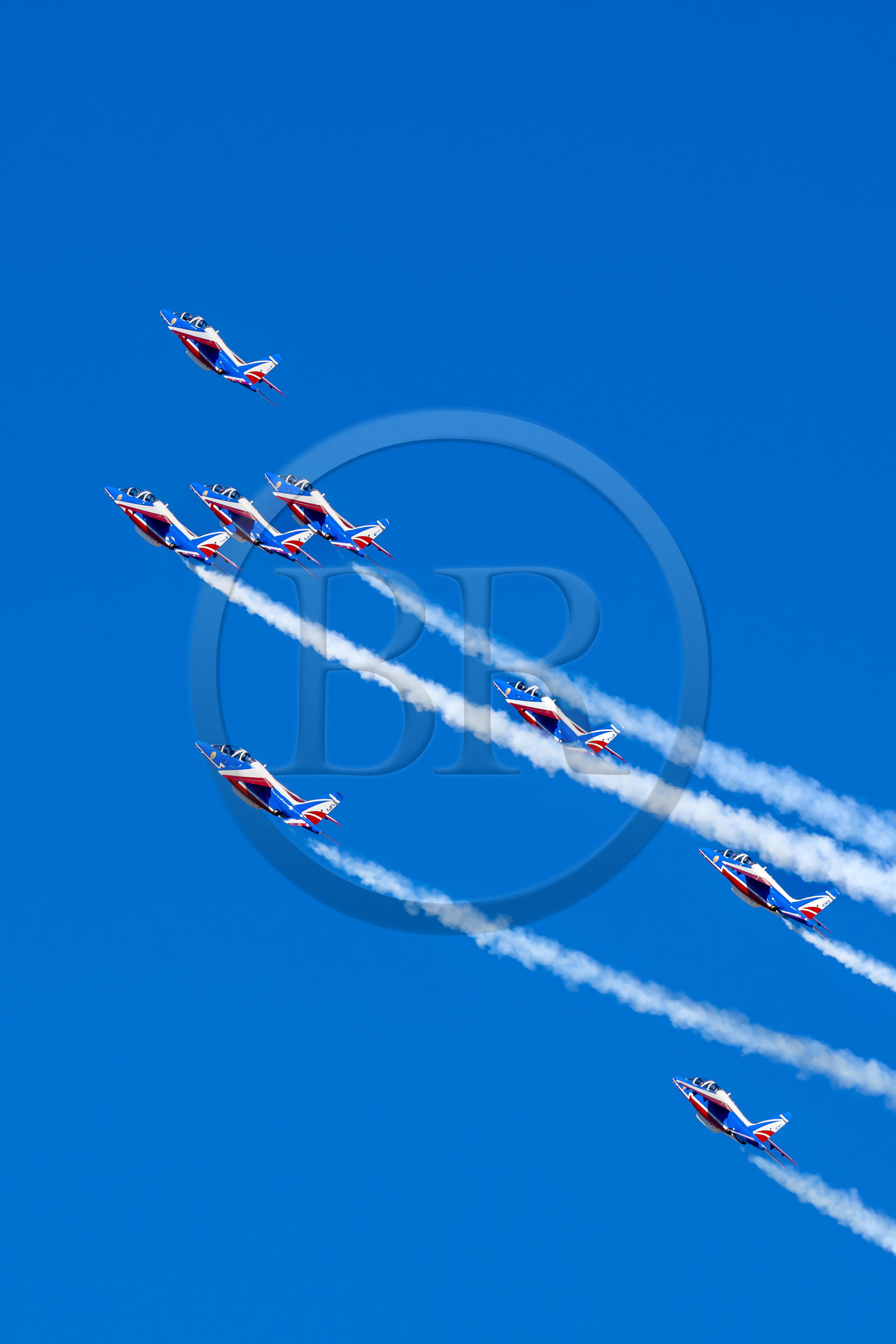 France, Bouches du Rhone, Salon de Provence, air base 701, base of the Patrouille de France (PAF for Patrouille acrobatique de France) of the French Air and Space Force, Alphajet aircraft in formation during a training flight