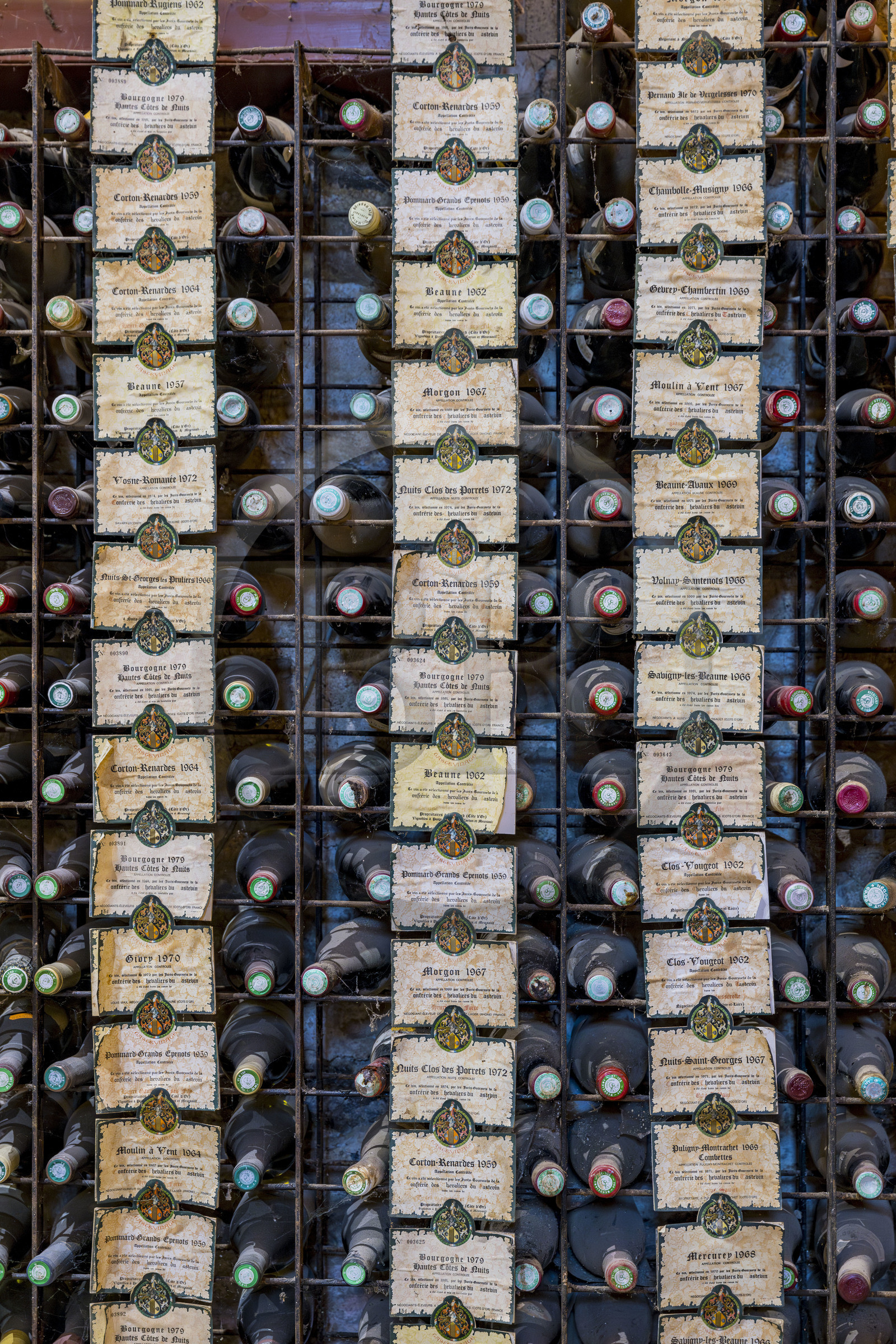 France, Côte-d'Or (21), Paysage culturel des climats de Bourgogne classés Patrimoine Mondial de l'UNESCO, Route des Grands Crus, vignoble de la Côte de Nuits, Vougeot, le Chateau du Clos de Vougeot, oenothèque dans le cellier du château du Clos de Vougeot avec les plaques des tastevinages annuels