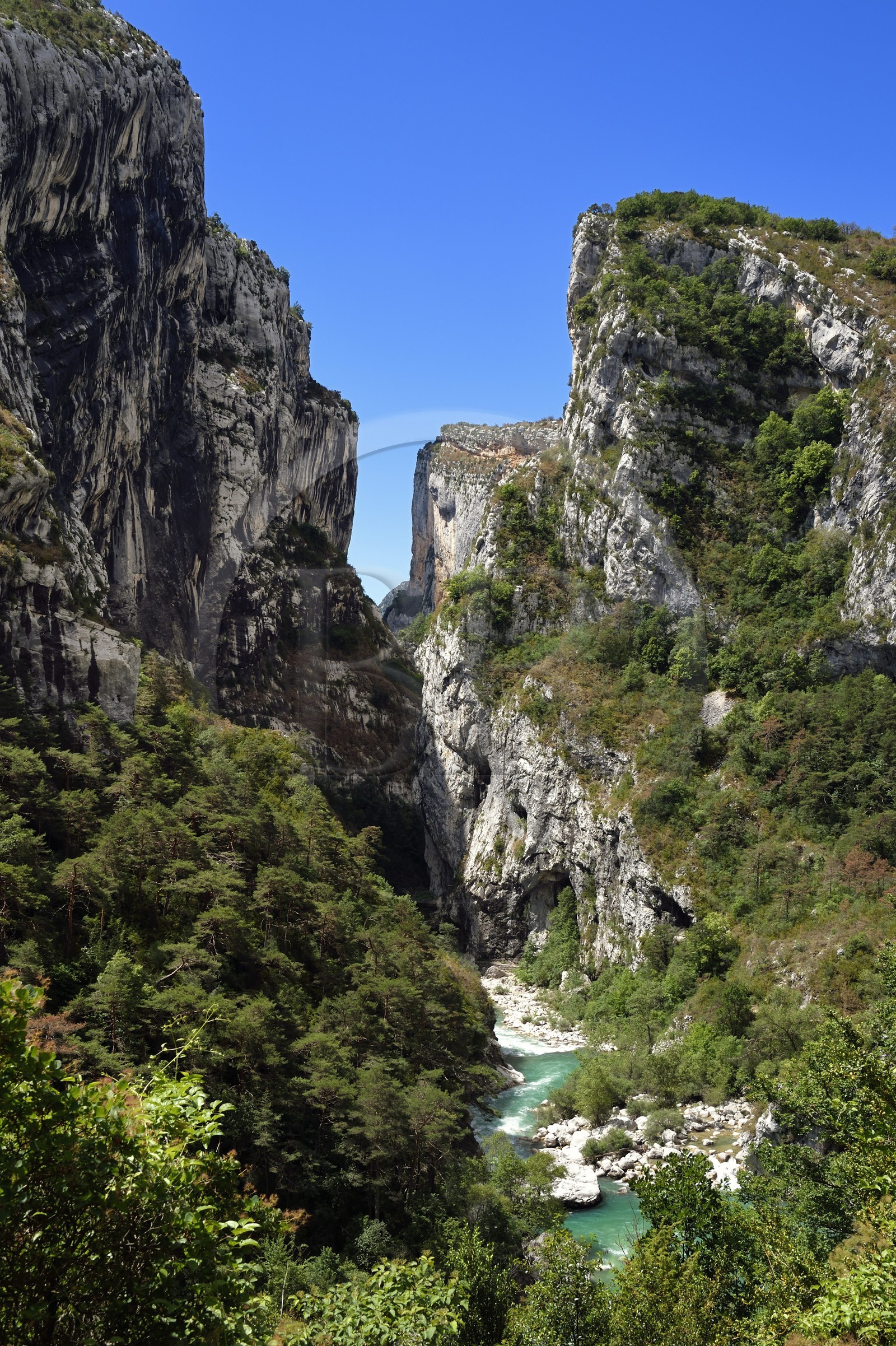 France, Alpes-de-Haute-Provence (04), Parc Naturel Régional du Verdon, Rougon, Grand Canyon du Verdon, la rivière du Verdon dans le couloir Samson et le début du sentier Blanc-Martel sur le GR4
