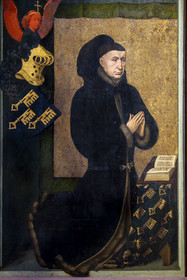 France, Côte-d'Or (21), Beaune, zone classée Patrimoine Mondial de l'UNESCO, Hospices de Beaune, l'Hôtel-Dieu, salle du Polyptyque, détail du polyptyque du Jugement Dernier fermé, oeuvre réalisée au XVe siècle par de Rogier Van Der Weyden, portrait de Nicolas Rolin, fondateur des hospices avec son épouse Guigone de Salins