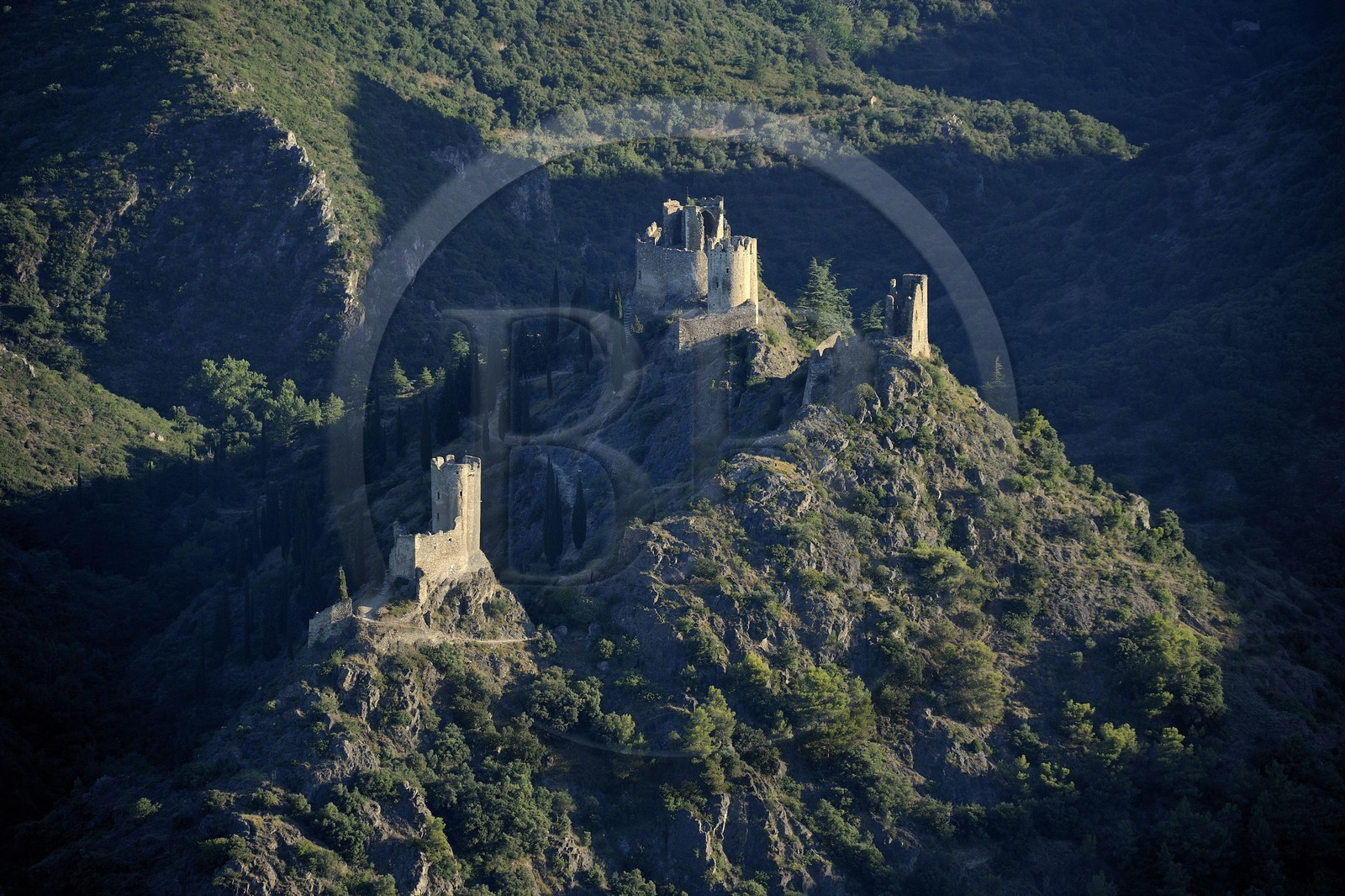 France, Aude, ruins of the Lastours castle (aerial view)