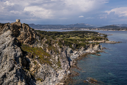 France, Var, Six Fours les Plages, Ile des Embiez, Pointe du Coucoussa overlooked by the Tour de la Marine (aerial view)