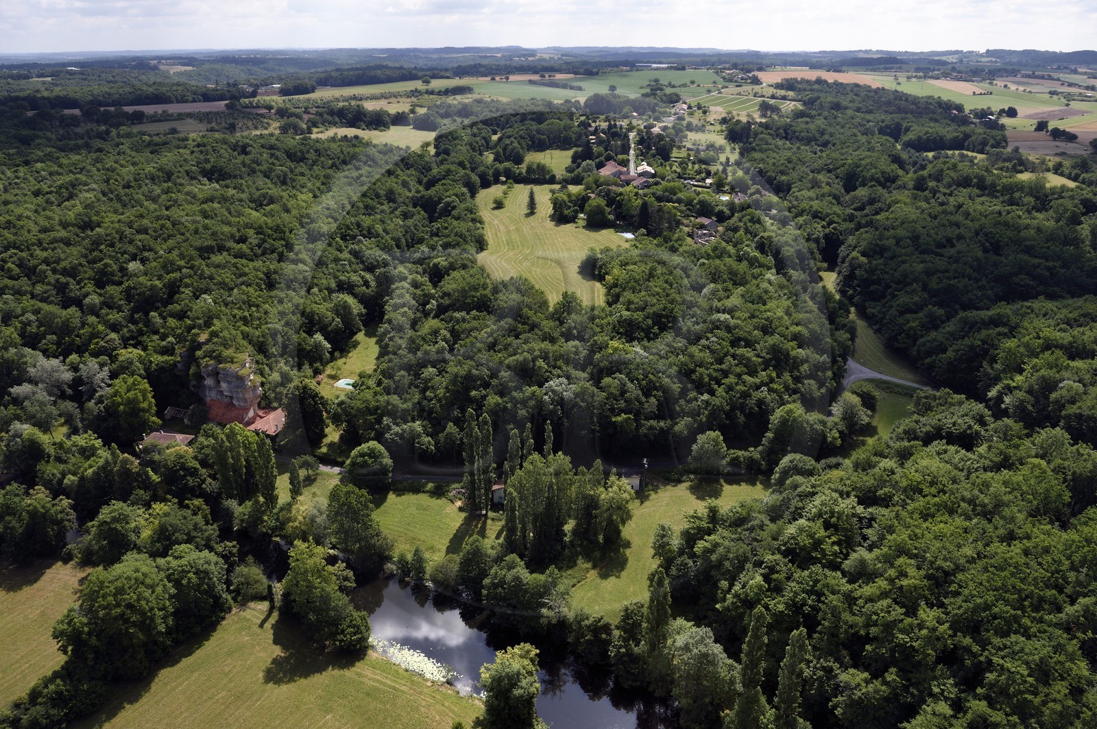 France, Dordogne, Perigord Vert, the Dronne river toward Les Andrivaux (aerial view)