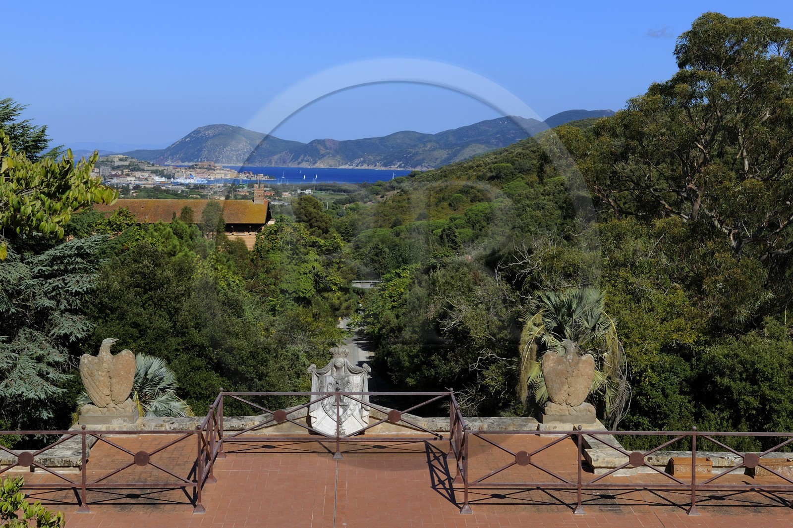 Italy, Tuscany, Elba Island, San Martino, the Villa Napoleonica bought by Napoleon 1st during his exile, view from the terrace on Portoferraio