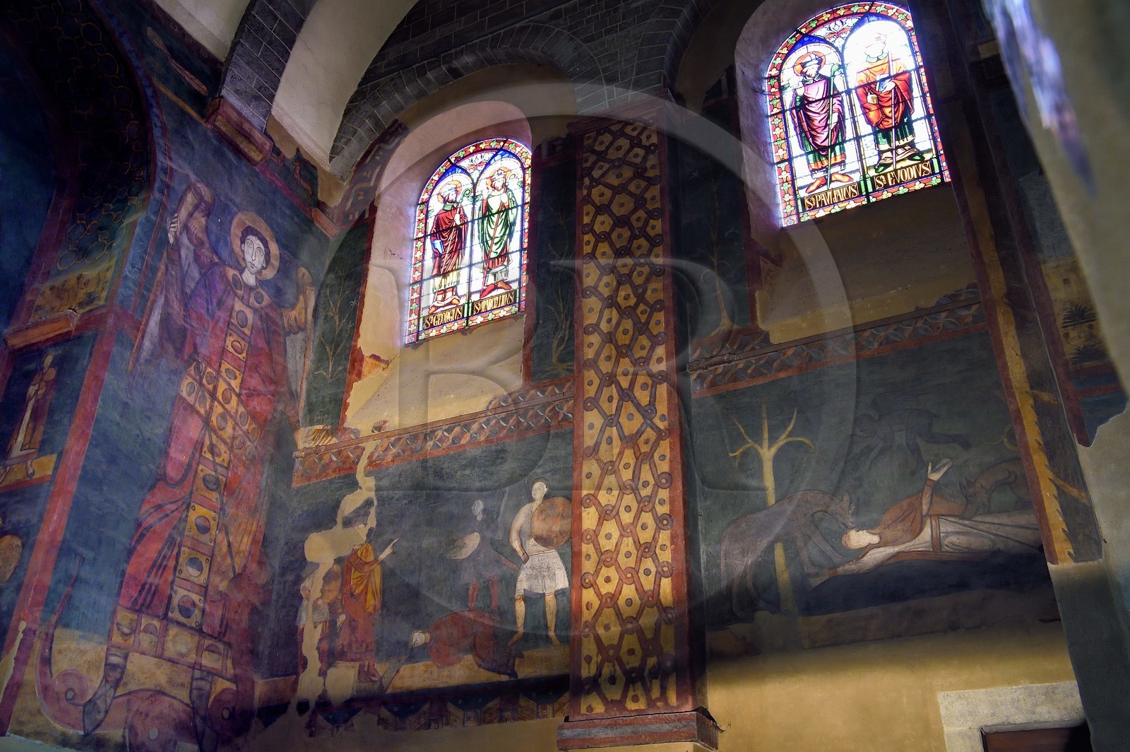 France, Haute Loire, Le Puy en Velay, Routes of Santiago de Compostela, the 12th century Our Lady (Notre-Dame-de-l'Annunciation) cathedral listed as World heritage by UNESCO, north gallery, representation of the Archangel Saint-Michel from the second half of the 11th century (tallest full-length Saint of the Romanesque period with his 6 meters)