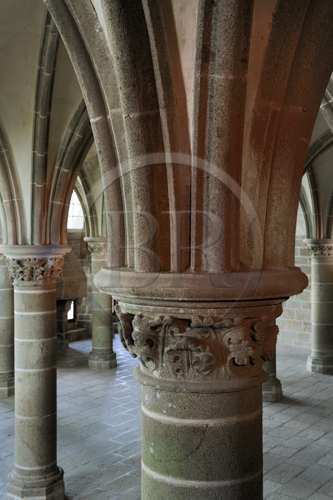 France, Manche, the abbey of Mont Saint Michel, listed as World Heritage by UNESCO, buildings of la Merveille, room of the Chevaliers under the cloister (knights of the cloister)