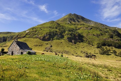 France, Cantal (15), monts du Cantal, Parc Naturel Régional des Volcans d' Auvergne, le buron d' Eylac et la montagne du Puy-Mary (1783m)