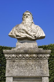 France, Indre et Loire, Amboise, Loire Valley listed as World Heritage by UNESCO, Chateau d'Amboise, statue of Leonard De Vinci on the location of its original tomb