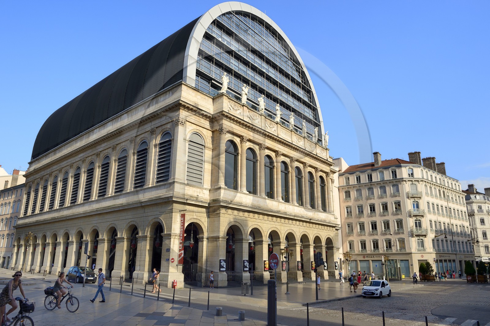 France, Rhone, Lyon, historic site listed as World Heritage by UNESCO, front of the building of the Opera de Lyon designed by architect Jean Nouvel, the Muses of the pediment