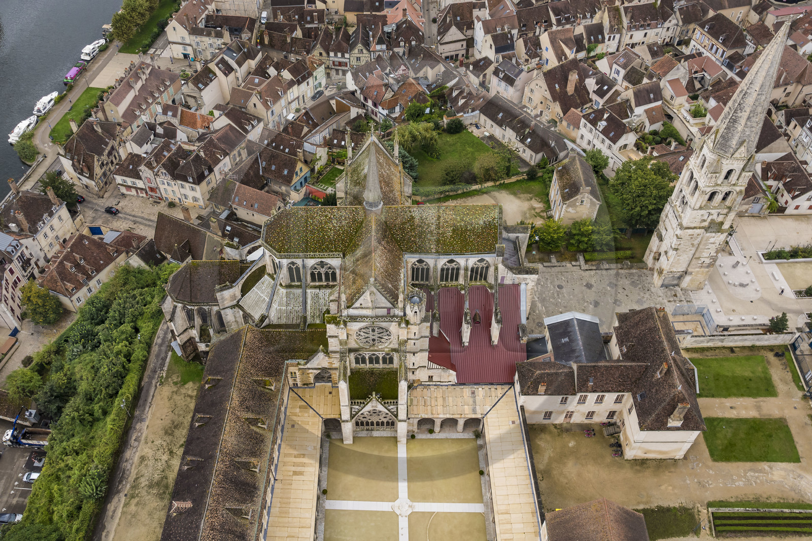 France, Yonne, Auxerre, Saint Germain Abbey and its cloister overlooking the Marine district (aerial view)