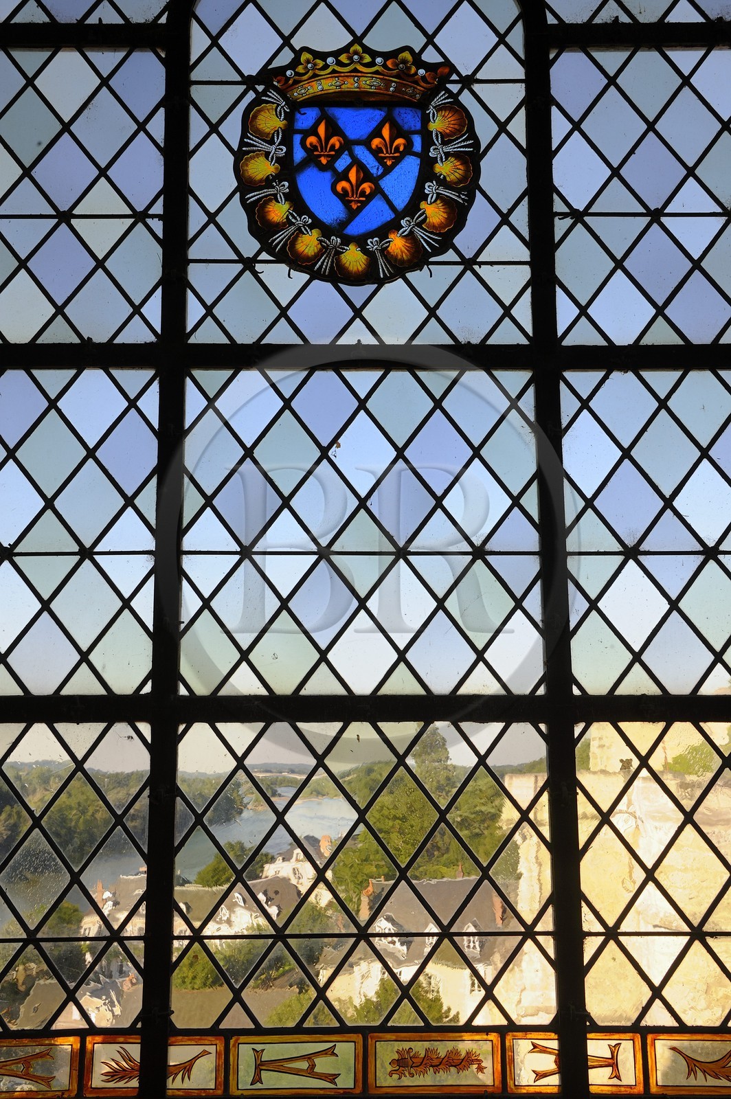 France, Indre et Loire, Amboise, Loire Valley listed as World Heritage by UNESCO, Chateau d'Amboise, stained glass window of the dwelling of the king
