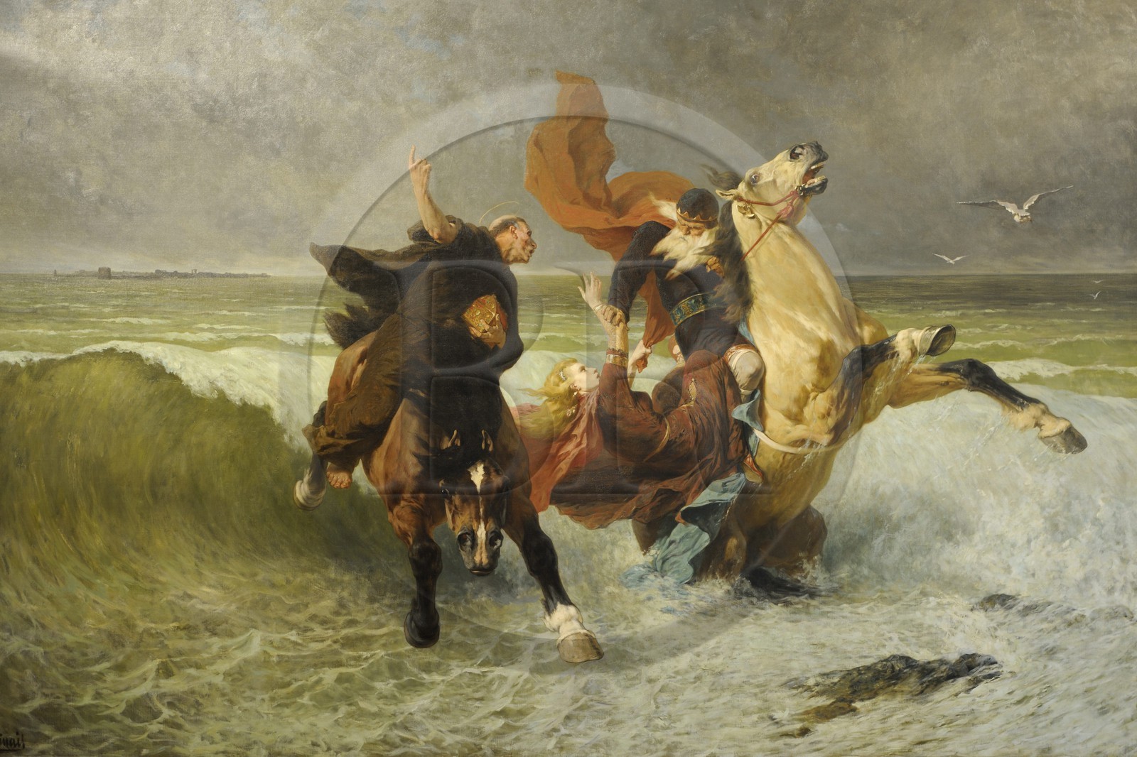 France, Finistère (29), Quimper, musée des Beaux Arts, peinture de Luminet illustrant la légende du roi Gradlon abandonnant sa fille au raz de marée sur les conseils de Saint-Corentin