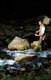 France, Hautes-Pyrénées (65), pêche à la truite en rivière vers Arrodets-Bulan