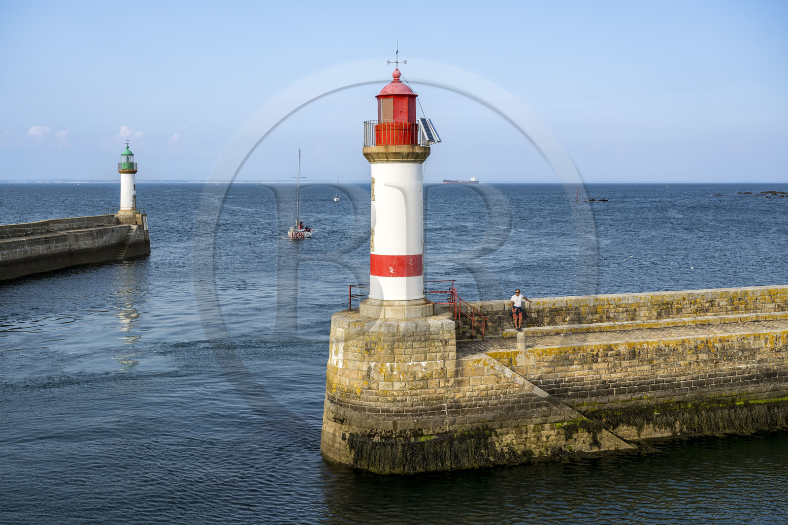 France, Morbihan, Groix Island, Port Tudy, the two beacons at the entrance to the port