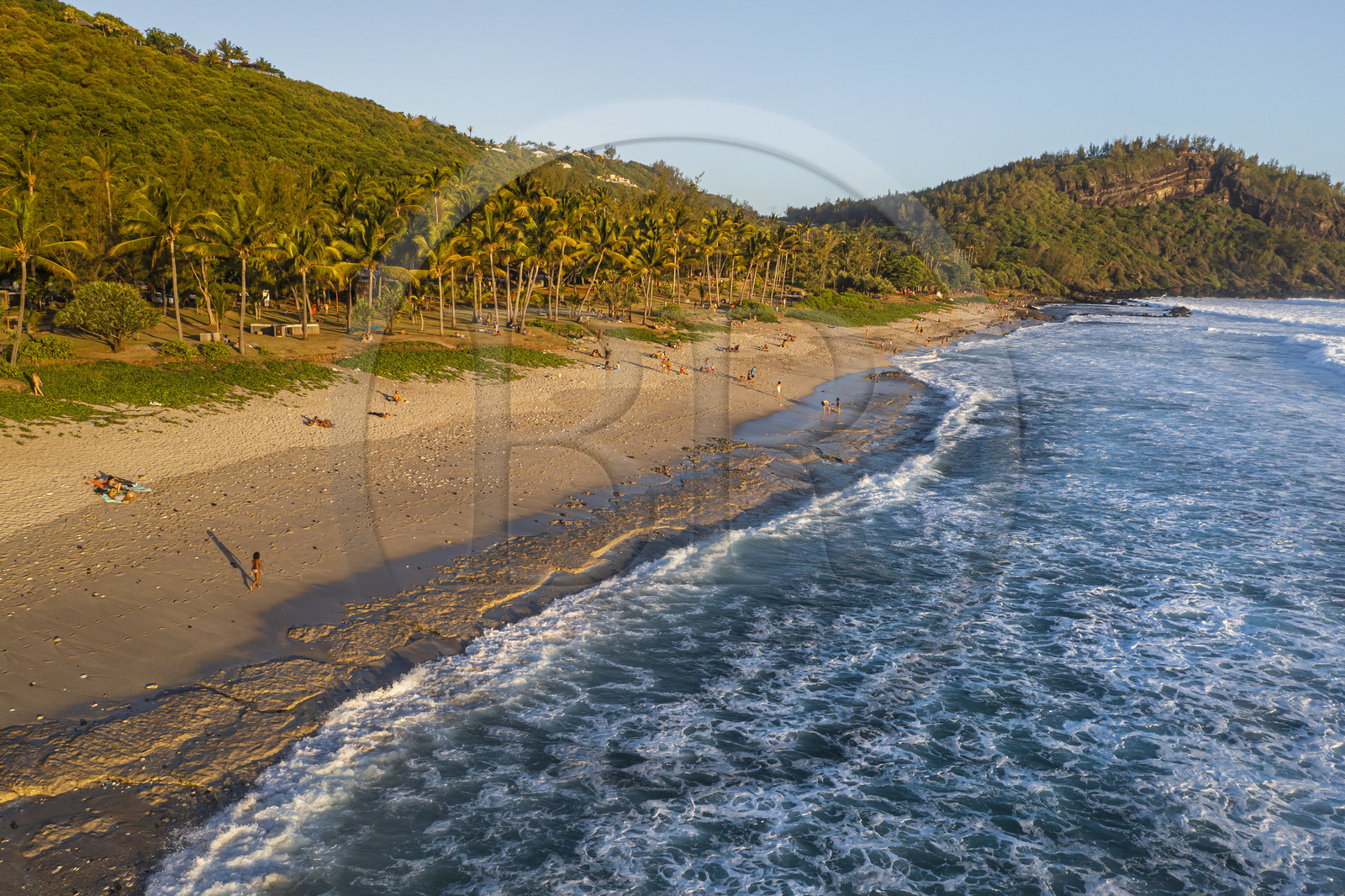 France, Ile de la Reunion, Petite-Ile sur la côte sud, plage de sable blanc de Grand-Anse au pied de piton Grande-Anse (vue aérienne)