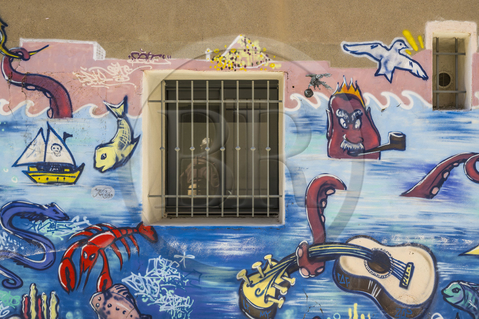 France, Hérault (34), Sète, peinture murale hommage à Georges Brassens de l'artiste Zyarck dans la rue de Tunis