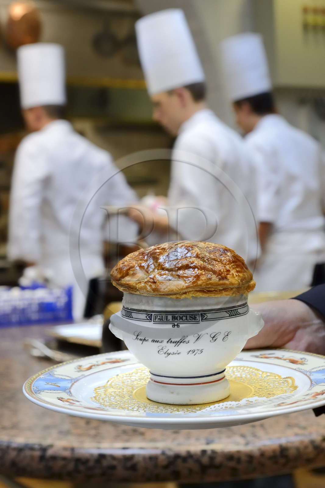 France, Rhone, Collonges au Mont d'Or, Paul Bocuse Restaurant L'Auberge du Pont de Collonges, three Michelin stars since 1965, the famous soupe aux truffes V.G.E (truffle soup)