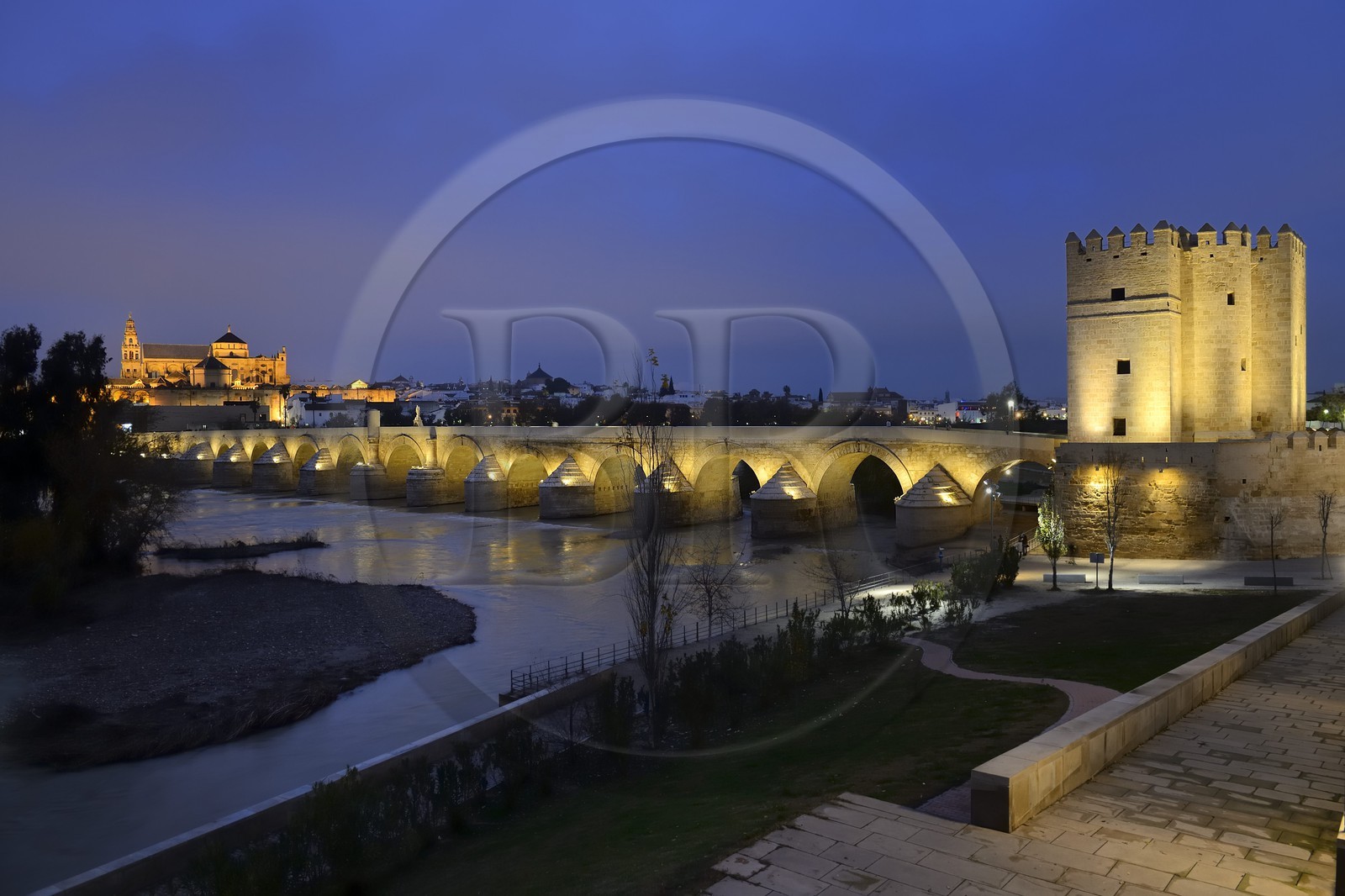 Spain, Andalusia, Cordoba, historical center listed as World Heritage by UNESCO, the Calahorra Tower, the 1st century BC Roman bridge over Guadalquivir river and the Mosque Cathedral in the background