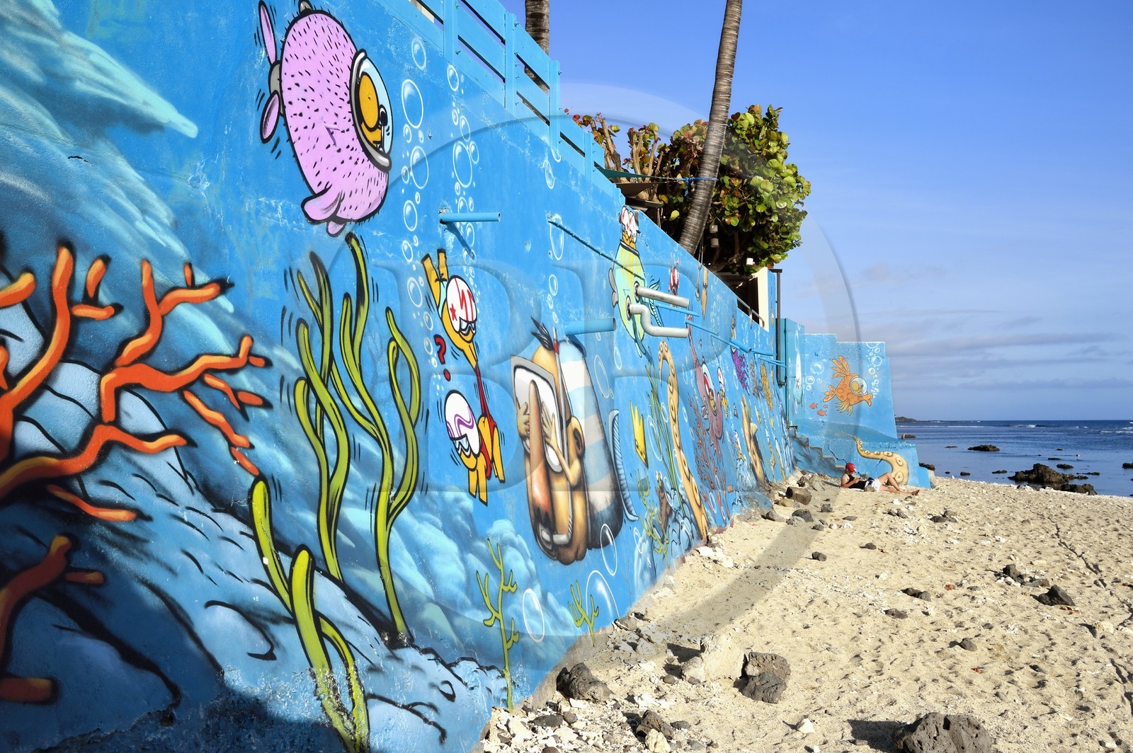 France, Ile de la Reunion, ville de Saint-Pierre, fresque Street Art par les artistes ADOR et JACE sur un mur de la plage