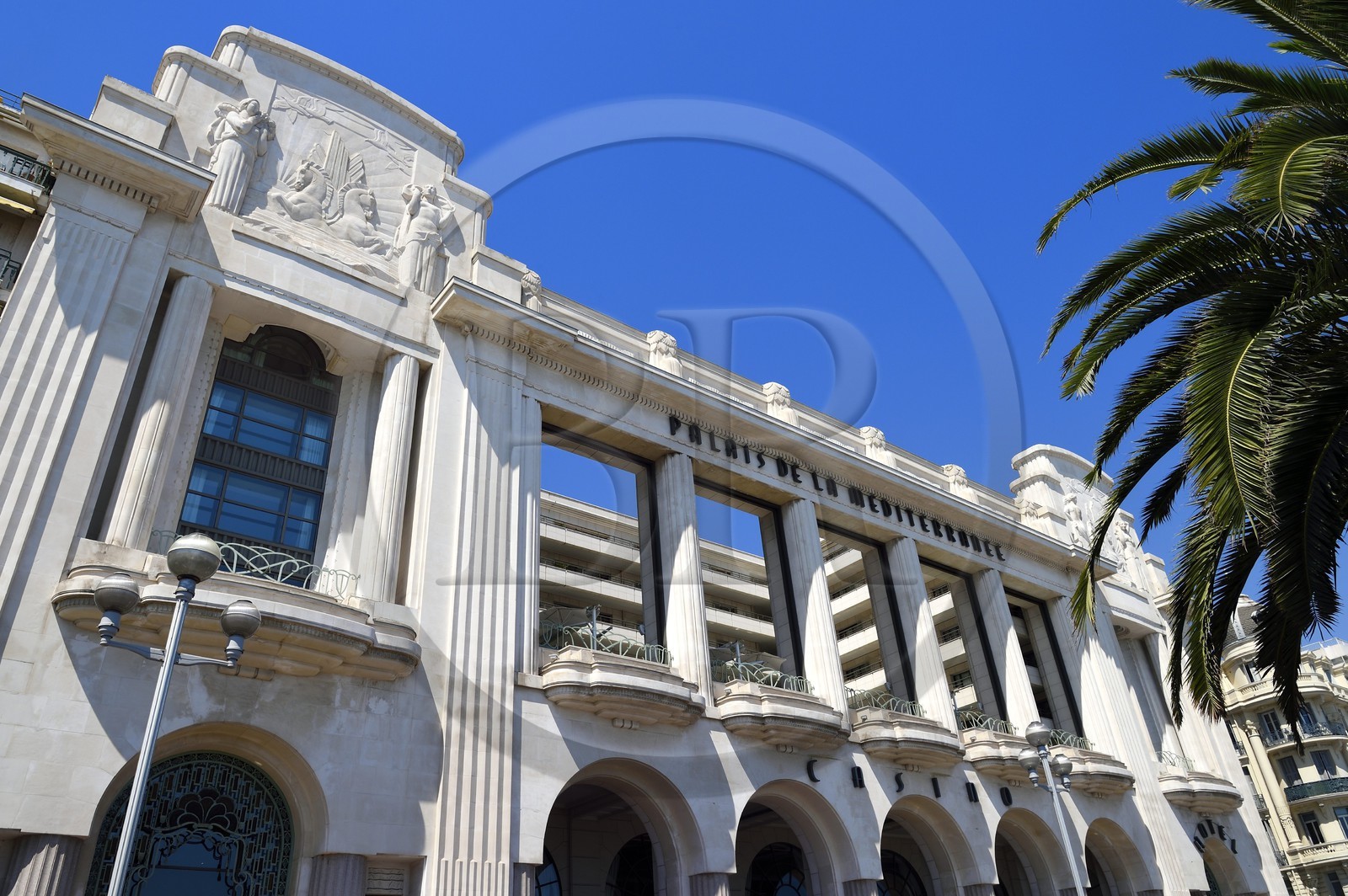 France, Alpes-Maritimes, Nice, Promenade des Anglais, Art deco facade of the Palais de la Mediterranee (Mediterranean Palace)