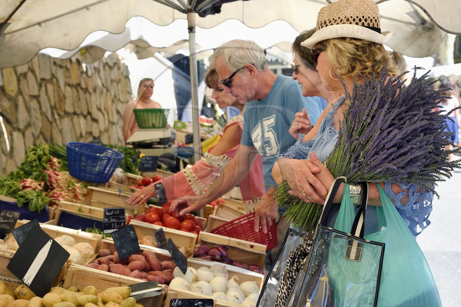 France, Var, Provence Verte, Cotignac, cours Gambetta, the market on the main square, vegetables stall