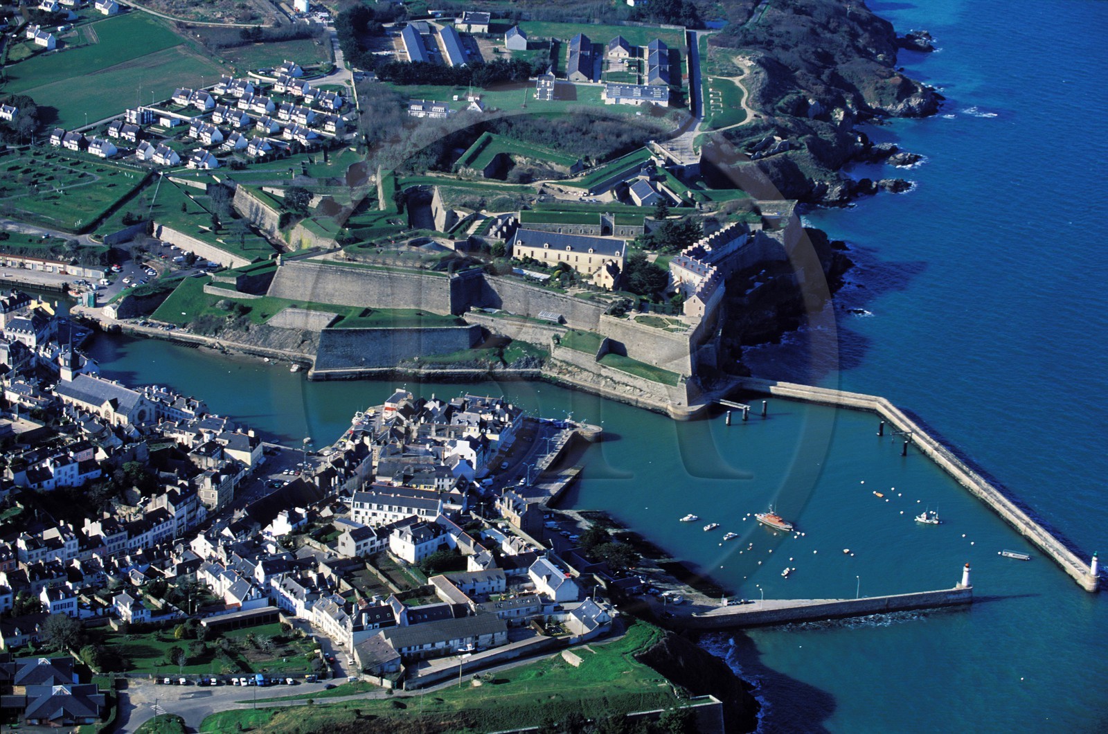 France, Morbihan, Belle Ile, Le Palais (main town of the island), Vauban's Citadel overlooking the harbour (aerial view)