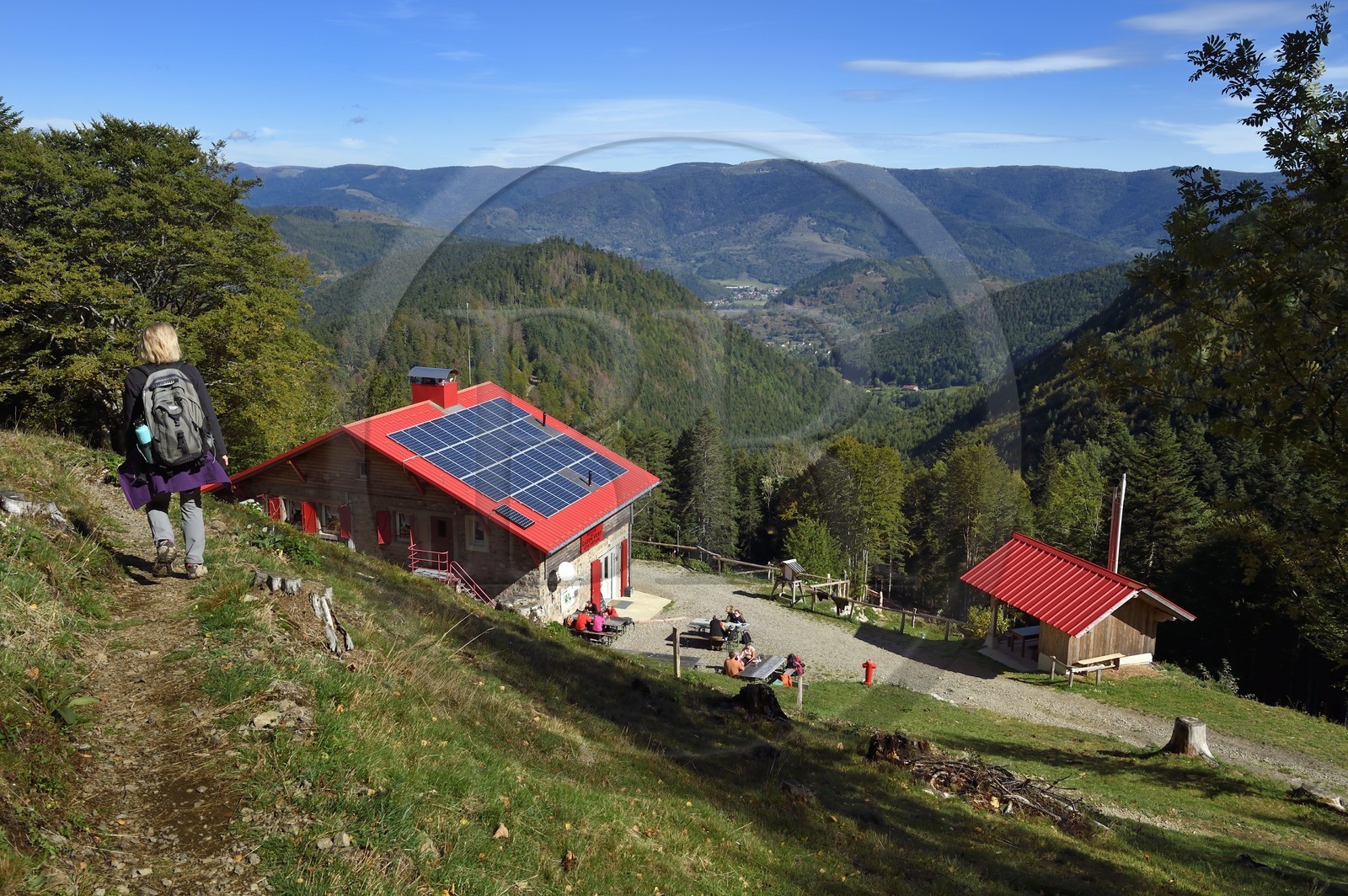 France, Haut-Rhin (68), Parc naturel régional des ballons des Vosges, Fellering, Col des Perches, gite refuge du Gazon vert au dessus de la vallée de Storckensohn