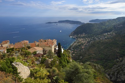 France, Alpes-Maritimes, the hilltop village of Eze and its Exotic Garden, Saint-Jean-Cap-Ferrat in the background