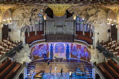 Spain, Catalonia, Barcelona, Palau de la Musica Catalana (Catalan Music Palace), concert hall designed by the architect of Catalan modernism Lluis Domènech i Montaner, a UNESCO World Heritage Site, large glass roof, stained glass dome work of Antoni Rigalt i Blanch