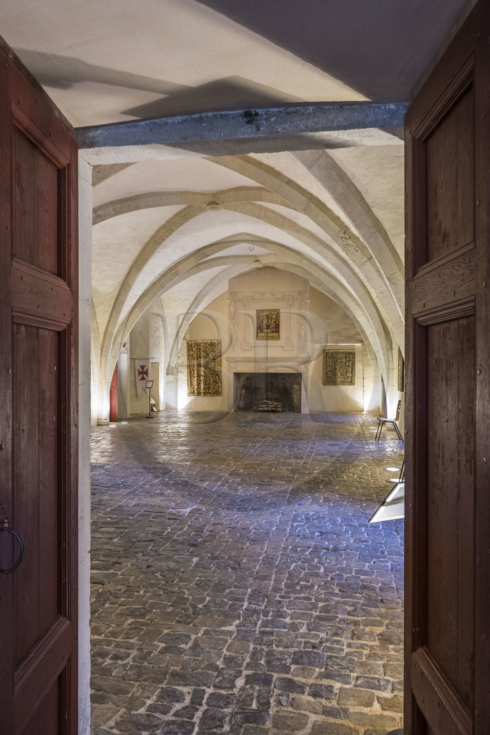 France, Aveyron, Causses and the Cévennes, cultural landscape of Mediterranean agro-pastoralism, listed as World Heritage by UNESCO, Sainte-Eulalie-de-Cernon, Templar Commandery then Hospitaller Commandery of the Order of Saint John of Jerusalem, the large hall used as a refectory and meeting place for the chapter