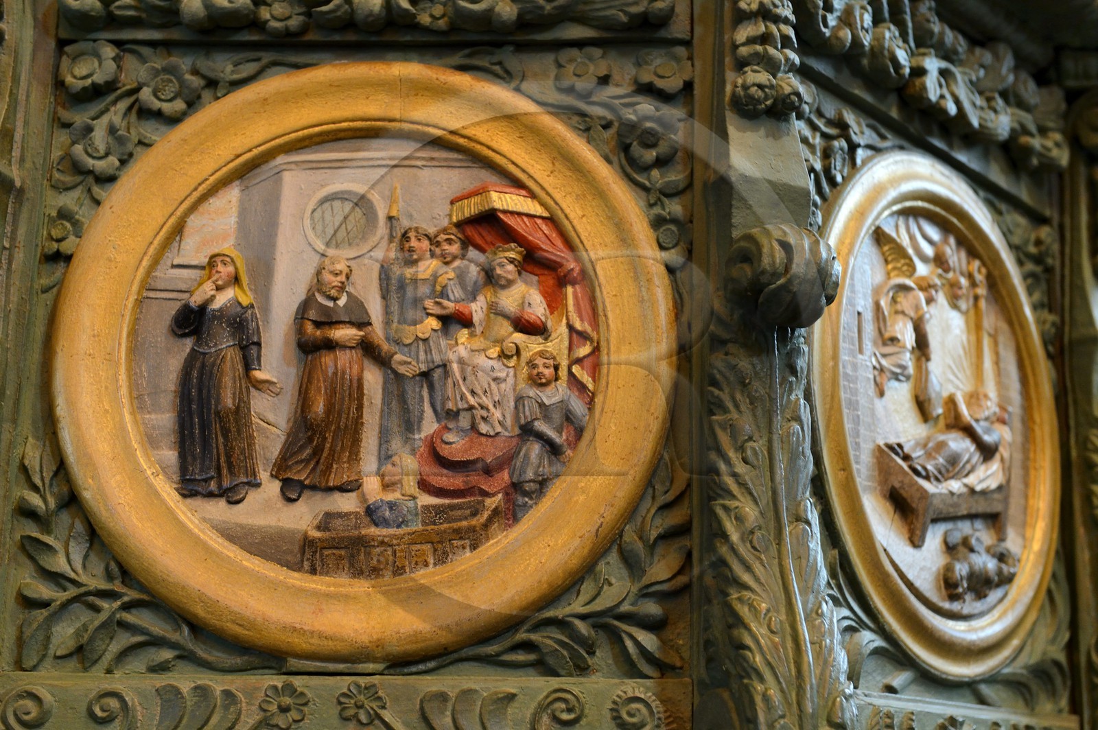 France, Finistere, Locronan, labelled Les plus Beaux Villages de France (The Most Beautiful Villages of France), Saint Ronan church, the pulpit (1707) traces the life of St. Ronan in nine medallions