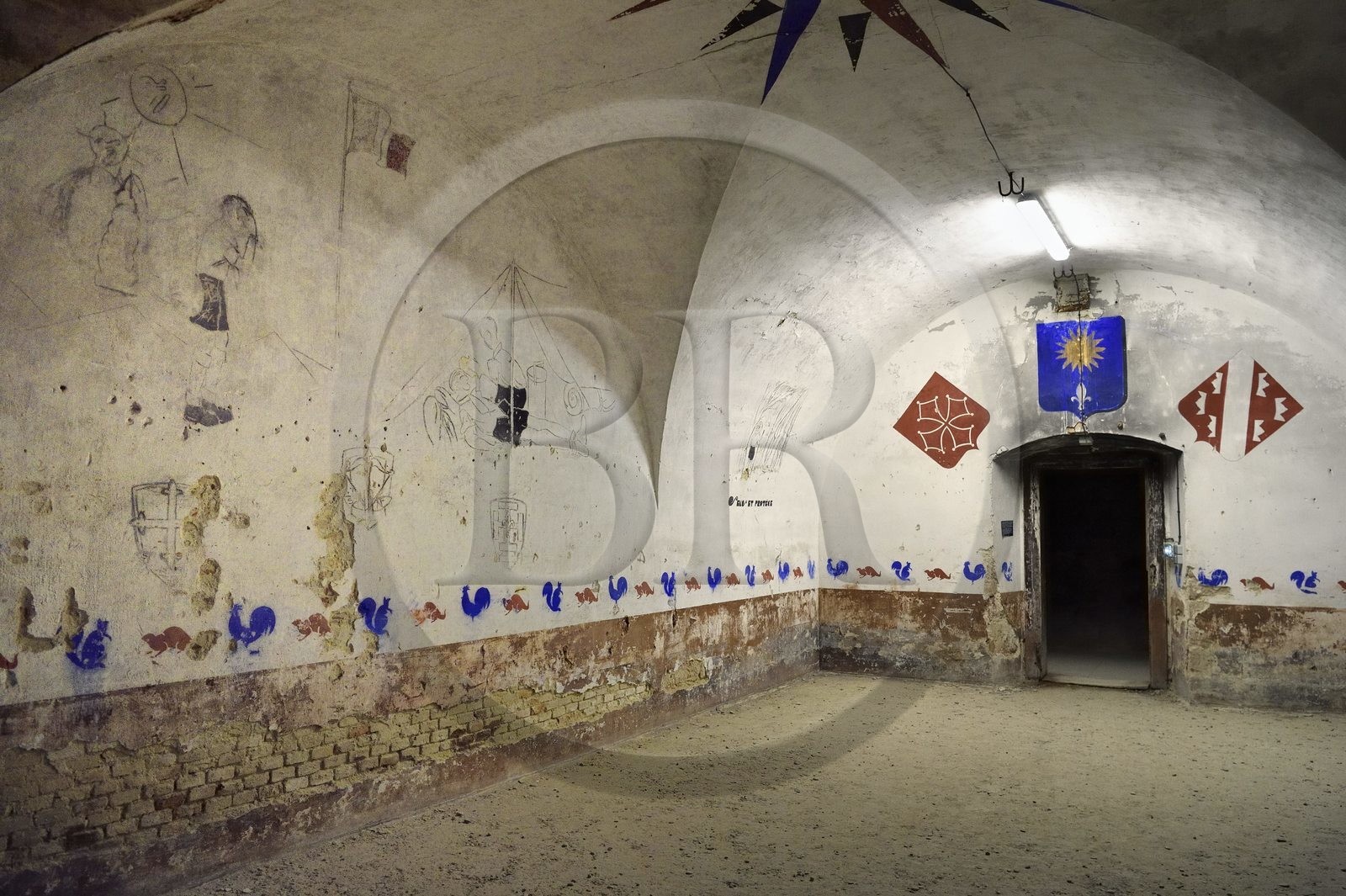 France, Haut-Rhin, Neuf Brisach, Museum of Urban Art and Street Art (MAUSA) housed in a former casemate of the Vauban citadel listed as World Heritage by UNESCO, the drawings, writings and stencils in this room were made in 1945 by scouts who came to take refuge during the bombings