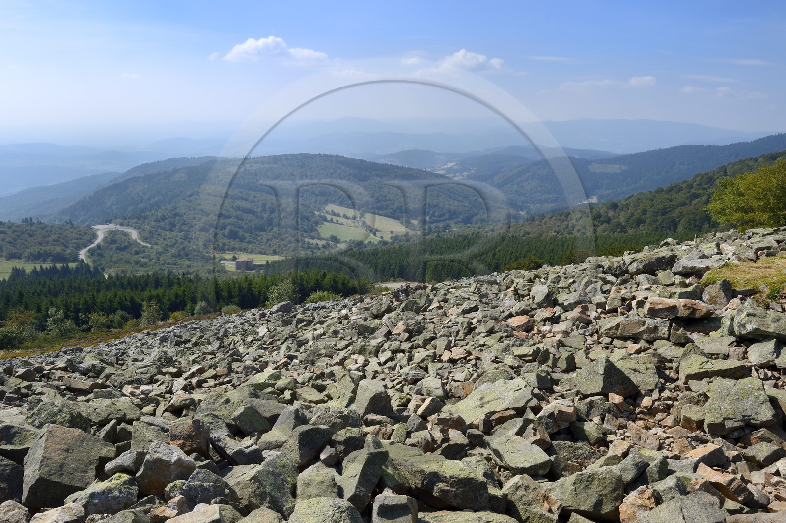 France, Loire (42), Parc Naturel Régional du Pilat, chirat (nom local donné aux coulées de blocs rocheux qui recouvrent les versants sous formes d'éboulis) au Crêt de l'Oeillon dans le massif du Pilat