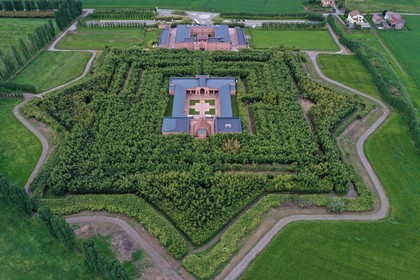 Italy, Emilia Romagna, Fontanellato near Parma, Labyrinth of the Masone (Labirinto della Masone) created by the Italian publisher Franco Maria Ricci, maze made up of more than 200,000 bamboos (aerial view)