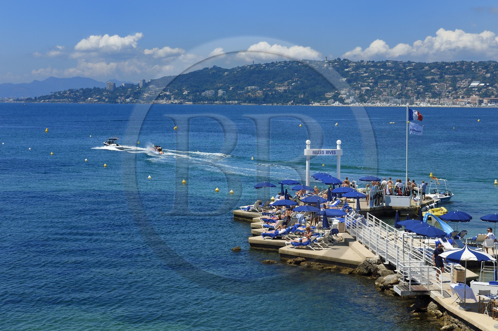 France, Alpes-Maritimes, Antibes,  Juan-les-Pins, water skiing and Belle Rives hotel pontoon