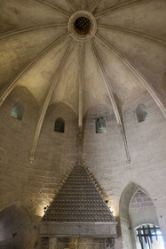 France, Gard (30), Aigues-Mortes, la Tour de Constance, la salle des gardes avec sa cheminée et son accès protégé par une herse au rez-de-chaussée