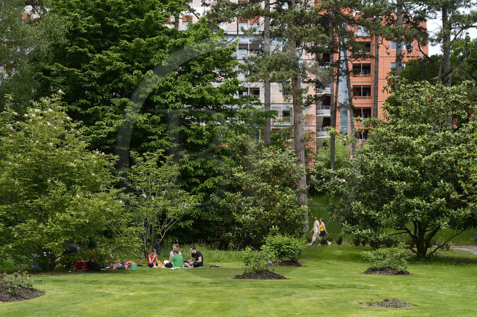 France, Rhone, Lyon, Parc de la Tete d'Or (Tete d'Or park) and the International City in the background