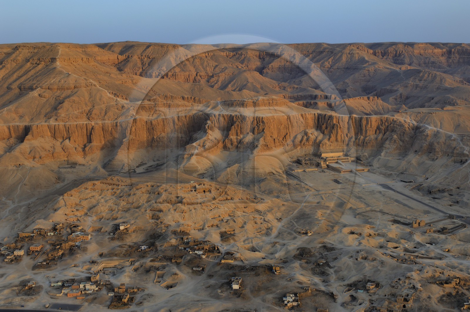 Egypt, Upper Egypt, Nile Valley, surroundings of Luxor, West bank, Thebes Necropolis listed as World Heritage by UNESCO, Temple of Hatchepsut, Deir el Bahari (aerial view)