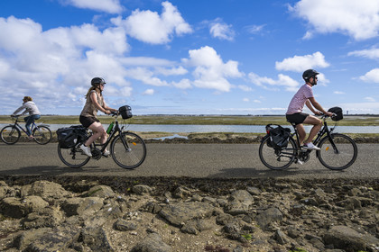 France, Vendée (85), île de Noirmoutier, Barbatre, cyclistes sur le passage du Gois, chaussée submersible qui relie l'île au continent à marrée basse