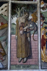 France, Alpes-Maritimes, Roya Valley, La Brigue, Notre Dame des Fontaines Chapel, 15th century frescos attributed to Jean Canavesio, Judas hanged