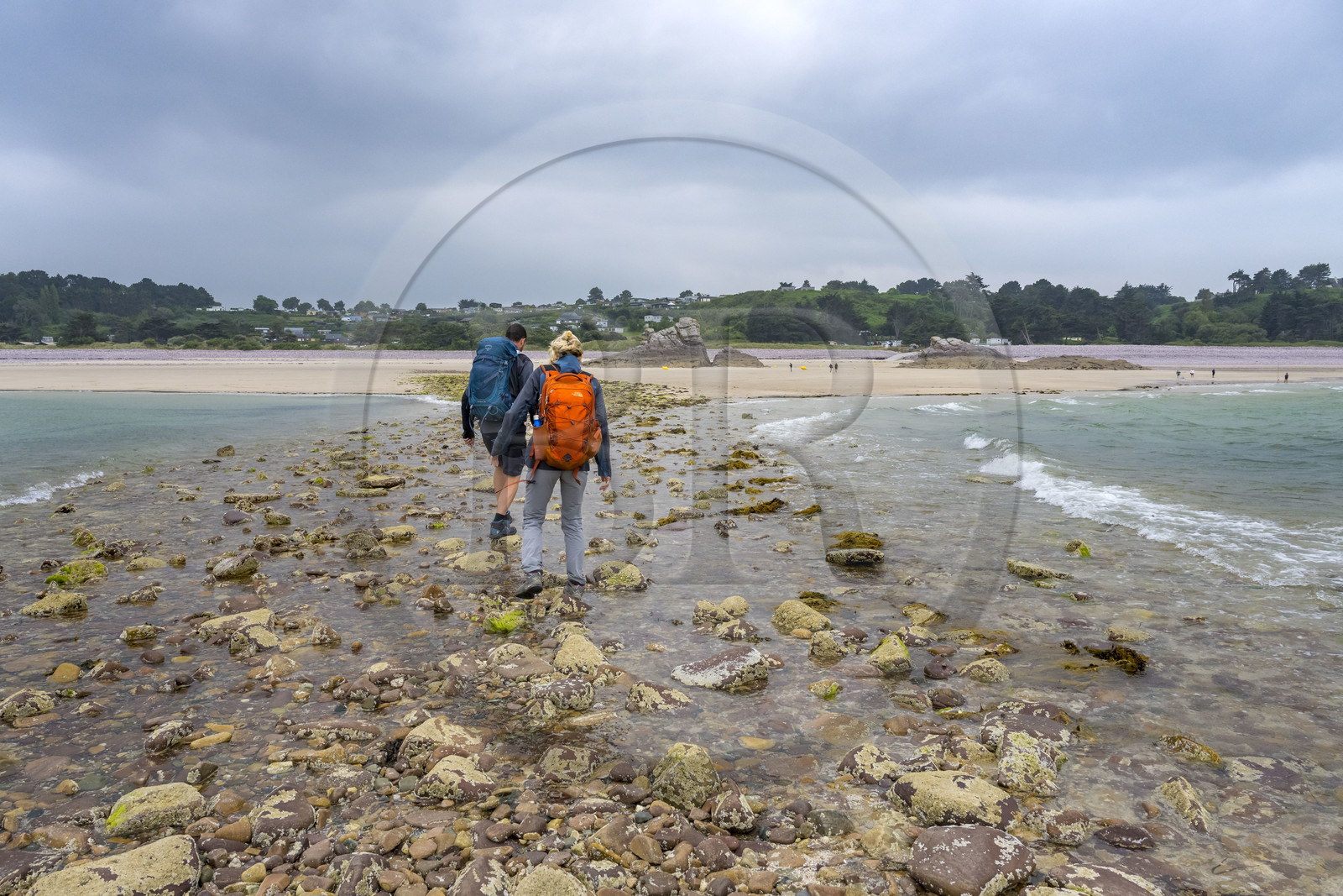 France, Côtes d'Armor (22), Grand Site de France Cap d'Erquy – Cap Fréhel, Erquy, l'Ilot Saint-Michel est accessible à pied à marée basse, passage du tombolo à marée montante