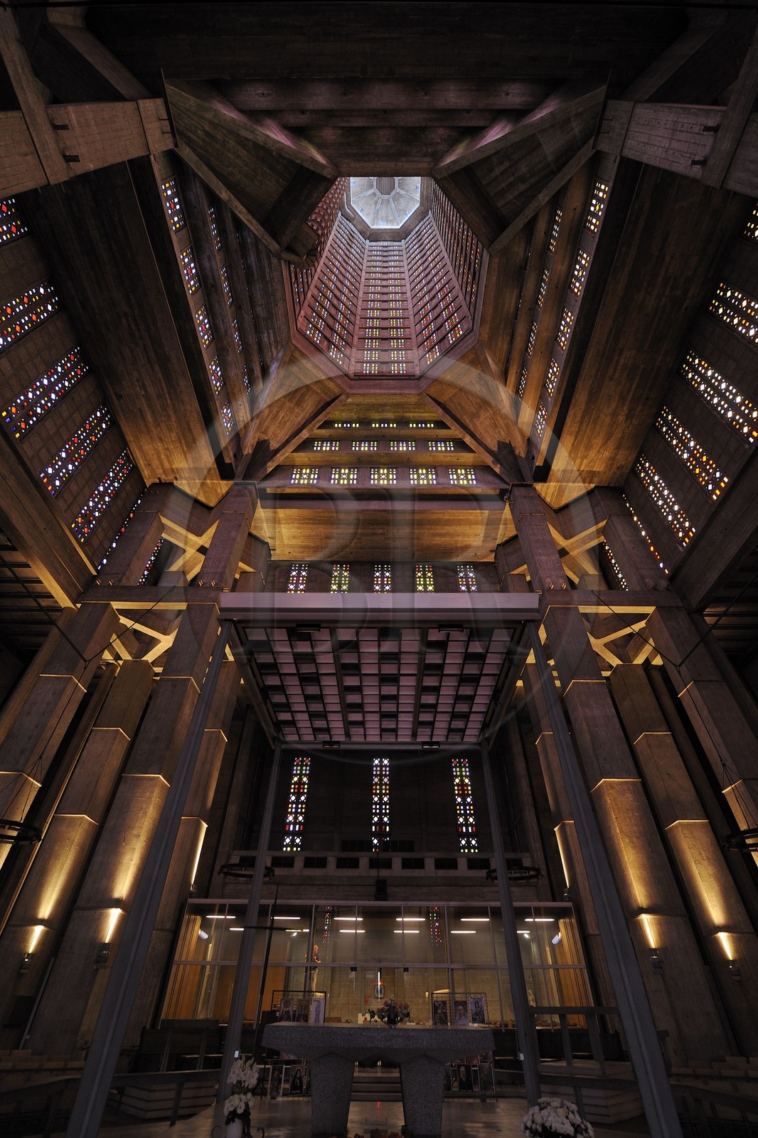 France, Seine Maritime, Le Havre, Downtown rebuilt by Auguste Perret listed as World Heritage by UNESCO, Saint Joseph church, the bell tower seen from the nave